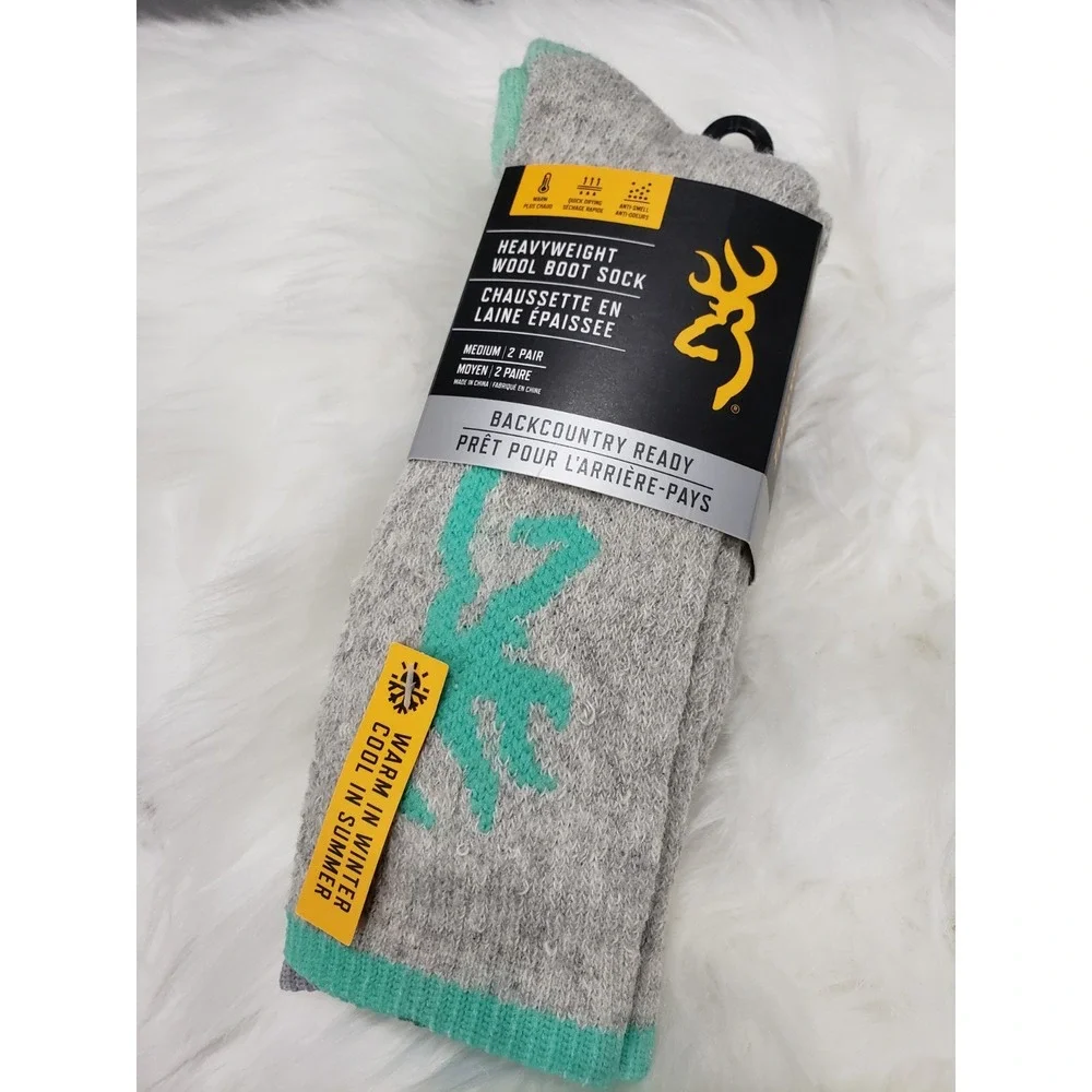2 Pairs Browning Women's - Medium - Heavyweight Wool Blend Socks Gray Aqua
